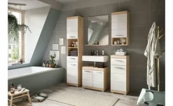 Badmöbel-Set SCHLOONSEE, 5 teilig, bestehend aus: Hochschrank, WBU, Spiegel, Unterschrank, Hängeschrank Schloonsee | Eiche Sonoma (Nachbildung), Weiß, hochglanz