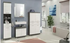 Badmöbel-Set SCHLOONSEE, 4 teilig, bestehend aus: Hochschrank, Waschbeckenunterschrank, Badspiegel, Midischrank Schloonsee | Weiß, hochglanz