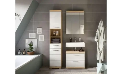 Badmöbel-Set SCHLOONSEE, 3 teilig, bestehend aus: Hochschrank, Waschbeckenunterschrank, Spiegelschrank, Hochschrank, Waschbeckenunterschrank, Spiegelschrank Schloonsee | Eiche Sonoma (Nachbildung), Weiß, hochglanz