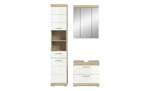 Badmöbel-Set SCHLOONSEE, 3 teilig, bestehend aus: Hochschrank, Waschbeckenunterschrank, Spiegelschrank, Hochschrank, Waschbeckenunterschrank, Spiegelschrank Schloonsee | Eiche Sonoma (Nachbildung), Weiß, hochglanz