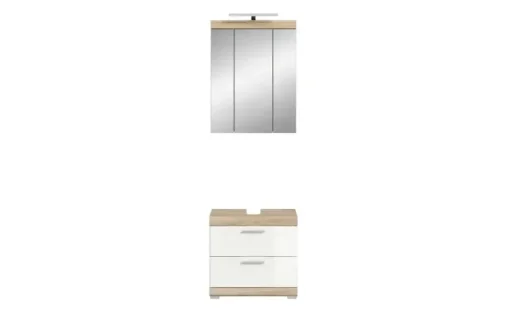 Badmöbel-Set SCHLOONSEE, 2 teilig, inklusive LED Beleuchtung, bestehend aus: Waschbeckenunterschrank, Spiegelschrank, LED Badaufsatzleuchte Schloonsee | Eiche Sonoma (Nachbildung), Weiß, hochglanz