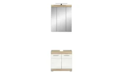 Badmöbel-Set SCHLOONSEE, 2 teilig, inklusive LED Beleuchtung, bestehend aus: Waschbeckenunterschrank, Spiegelschrank, LED Badaufsatzleuchte Schloonsee | Eiche Sonoma (Nachbildung), Weiß, hochglanz