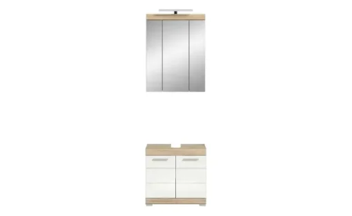 Badmöbel-Set SCHLOONSEE, 2 teilig, inklusive LED Beleuchtung, bestehend aus: Waschbeckenunterschrank, Spiegelschrank, LED Badaufsatzleuchte Schloonsee | Eiche Sonoma (Nachbildung), Weiß, hochglanz