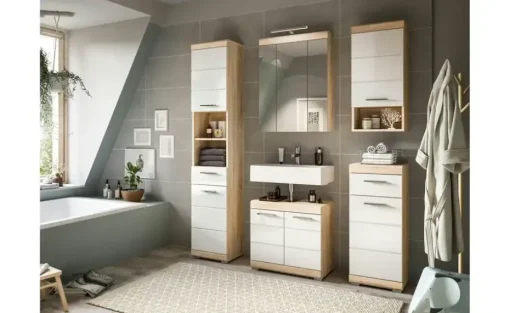 Badmöbel-Set SCHLOONSEE, 3 teilig, bestehend aus: Hochschrank, Waschbeckenunterschrank, Spiegelschrank Schloonsee | Weiß