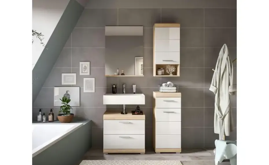 Badmöbel-Set SCHLOONSEE, 4 teilig, bestehend aus: Waschbeckenunterschrank, Spiegel, Unterschrank, Hängeschrank Schloonsee | Eiche Sonoma (Nachbildung), Weiß, hochglanz