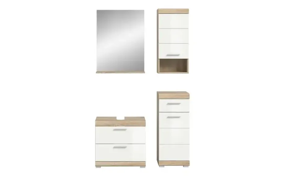 Badmöbel-Set SCHLOONSEE, 4 teilig, bestehend aus: Waschbeckenunterschrank, Spiegel, Unterschrank, Hängeschrank Schloonsee | Eiche Sonoma (Nachbildung), Weiß, hochglanz