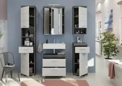 Badmöbel-Set SCHLOONSEE, 5 teilig, inklusive LED Beleuchtung, bestehend aus: Hochschrank, WBU, Spiegelschrank, Unterschrank, Hängeschrank Schloonsee | Weiß, hochglanz