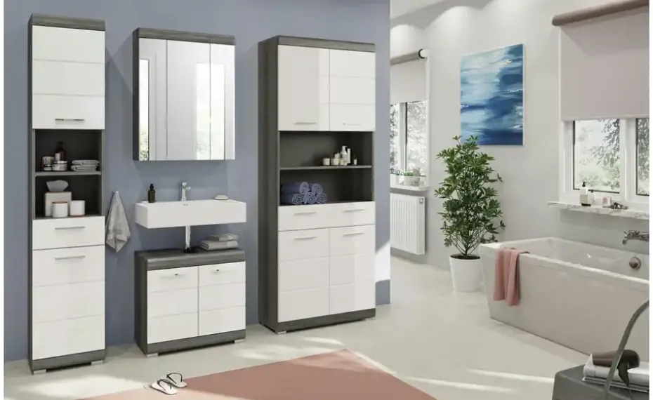 Badmöbel-Set SCHLOONSEE, 4 teilig, bestehend aus: Hochschrank schmal, WBU, Spiegelschrank, Hochschrank breit Schloonsee | Weiß, hochglanz