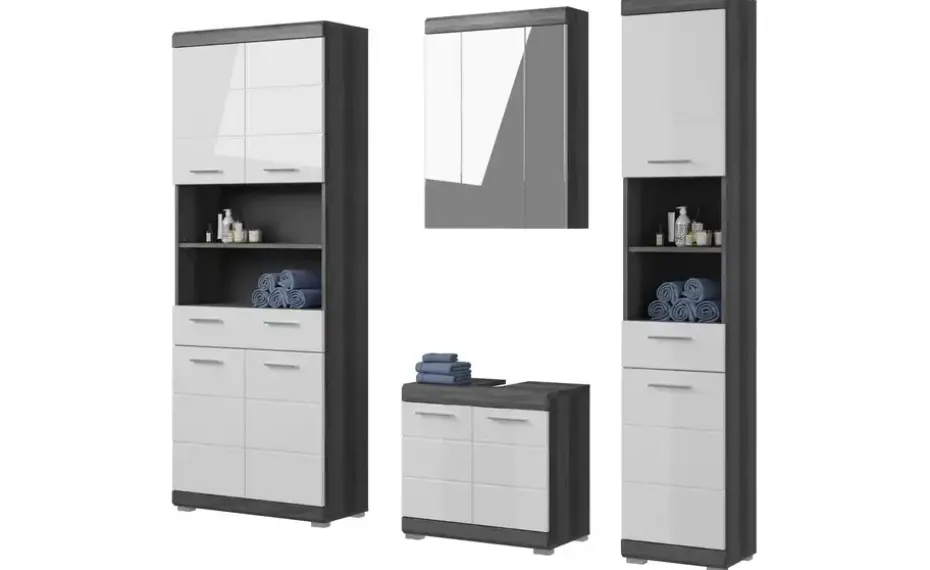 Badmöbel-Set SCHLOONSEE, 4 teilig, bestehend aus: Hochschrank schmal, WBU, Spiegelschrank, Hochschrank breit Schloonsee | Weiß, hochglanz