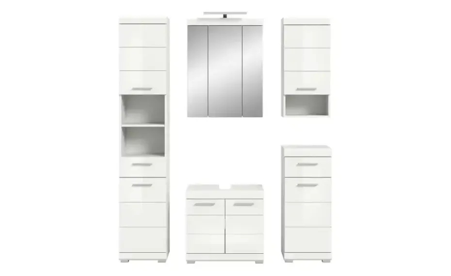 Badmöbel-Set SCHLOONSEE, 5 teilig, inklusive LED Beleuchtung, bestehend aus: Hochschrank, WBU, Spiegelschrank, Unterschrank, Hängeschrank Schloonsee | Weiß, hochglanz