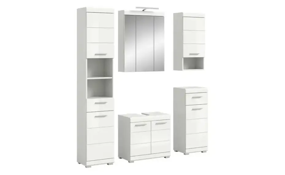 Badmöbel-Set SCHLOONSEE, 5 teilig, inklusive LED Beleuchtung, bestehend aus: Hochschrank, WBU, Spiegelschrank, Unterschrank, Hängeschrank Schloonsee | Weiß, hochglanz