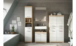 Badmöbel-Set SCHLOONSEE, 4 teilig, bestehend aus: Hochschrank, Waschbeckenunterschrank, Badspiegel, Hochschrank breit Schloonsee | Eiche Sonoma (Nachbildung), Weiß, hochglanz