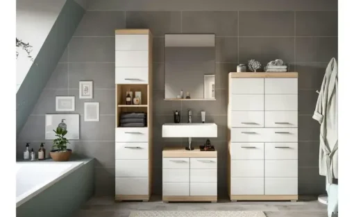 Badmöbel-Set SCHLOONSEE, 4 teilig, bestehend aus: Hochschrank, Waschbeckenunterschrank, Badspiegel, Hochschrank breit Schloonsee | Eiche Sonoma (Nachbildung), Weiß, hochglanz