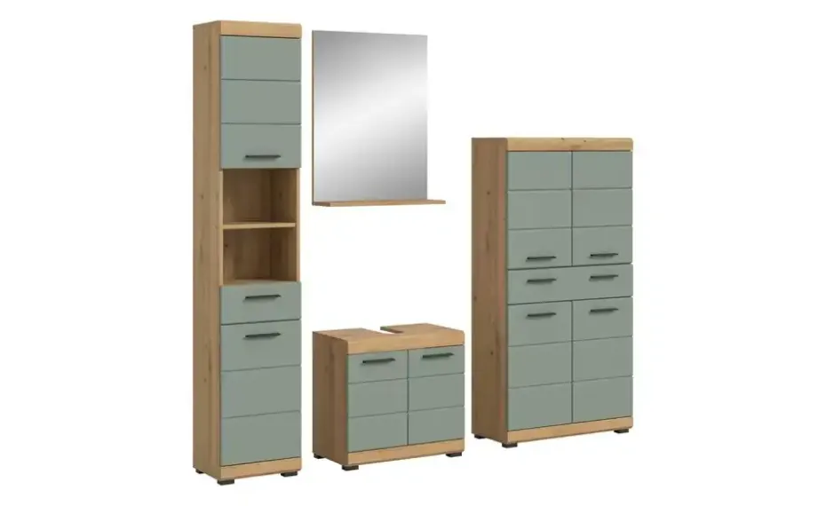 Badmöbel-Set SCHLOONSEE, 4 teilig, bestehend aus: Hochschrank, Waschbeckenunterschrank, Badspiegel, Midischrank Schloonsee | Eiche Artisan (Nachbildung), Salbeigrün