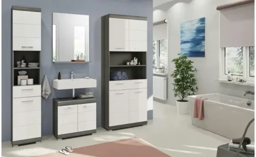 Badmöbel-Set SCHLOONSEE, 4 teilig, bestehend aus: Hochschrank, Waschbeckenunterschrank, Badspiegel, Hochschrank breit Schloonsee | Weiß, hochglanz
