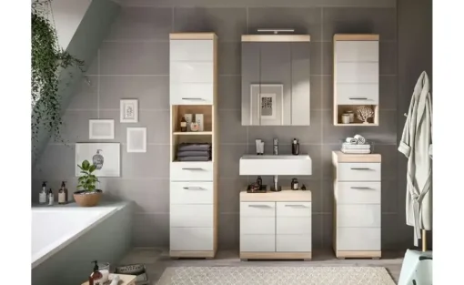 Badmöbel-Set SCHLOONSEE, 5 teilig, bestehend aus: Hochschrank, WBU, Spiegelschrank, Unterschrank, Hängeschrank Schloonsee | hochglanz