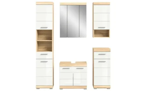 Badmöbel-Set SCHLOONSEE, 5 teilig, bestehend aus: Hochschrank, WBU, Spiegelschrank, Unterschrank, Hängeschrank Schloonsee | hochglanz