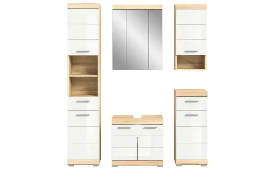 Badmöbel-Set SCHLOONSEE, 5 teilig, bestehend aus: Hochschrank, WBU, Spiegelschrank, Unterschrank, Hängeschrank Schloonsee | hochglanz