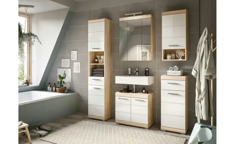 Badmöbel-Set SCHLOONSEE, 5 teilig, bestehend aus: Hochschrank, WBU, Spiegelschrank, Unterschrank, Hängeschrank Schloonsee | hochglanz