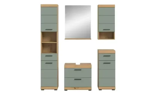 Badmöbel-Set SCHLOONSEE, 5 teilig, bestehend aus: Hochschrank, WBU, Spiegel, Unterschrank, Hängeschrank Schloonsee | Eiche Artisan (Nachbildung), Salbeigrün