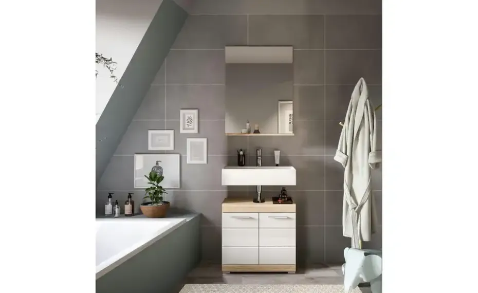 Badmöbel-Set SCHLOONSEE, 2 teilig, bestehend aus: Waschbeckenunterschrank, Spiegel, in verschiedenen Farben erhältlich, Badmöbel, Kombination, Badezimmer Schloonsee | Eiche Sonoma (Nachbildung), Weiß, hochglanz