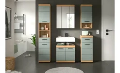 Badmöbel-Set SCHLOONSEE, 5 teilig, bestehend aus: Hochschrank, WBU, Spiegelschrank, Unterschrank, Hängeschrank Schloonsee | Eiche Artisan (Nachbildung), Salbeigrün