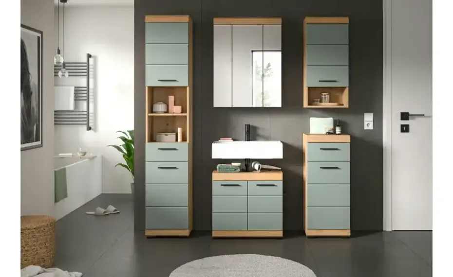 Badmöbel-Set SCHLOONSEE, 5 teilig, bestehend aus: Hochschrank, WBU, Spiegelschrank, Unterschrank, Hängeschrank Schloonsee | Eiche Artisan (Nachbildung), Salbeigrün