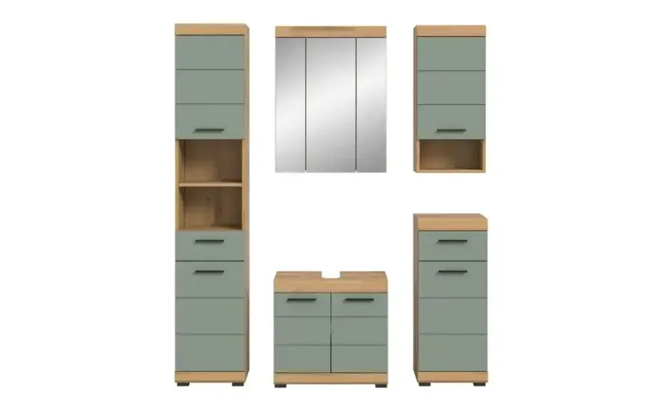 Badmöbel-Set SCHLOONSEE, 5 teilig, bestehend aus: Hochschrank, WBU, Spiegelschrank, Unterschrank, Hängeschrank Schloonsee | Eiche Artisan (Nachbildung), Salbeigrün