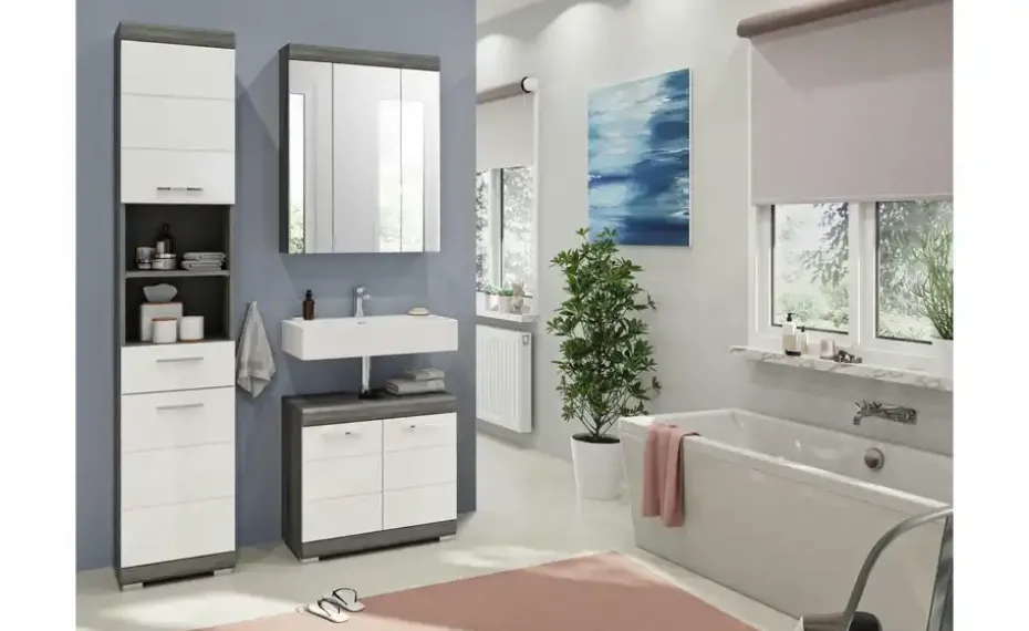 Badmöbel-Set SCHLOONSEE, 3 teilig, bestehend aus: Hochschrank, Waschbeckenunterschrank, Spiegelschrank Schloonsee | Weiß, hochglanz