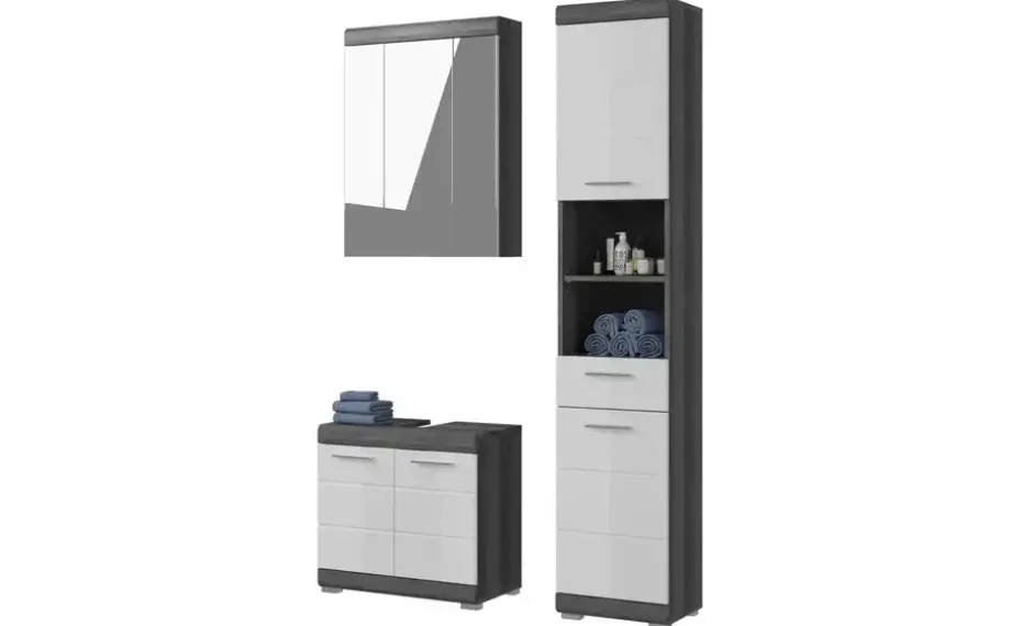 Badmöbel-Set SCHLOONSEE, 3 teilig, bestehend aus: Hochschrank, Waschbeckenunterschrank, Spiegelschrank Schloonsee | Weiß, hochglanz