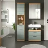 Badmöbel-Set SCHLOONSEE, 3 teilig, bestehend aus: Hochschrank, Waschbeckenunterschrank, Spiegelschrank, Hochschrank, Waschbeckenunterschrank, Spiegelschrank Schloonsee | Eiche Artisan (Nachbildung), Salbeigrün