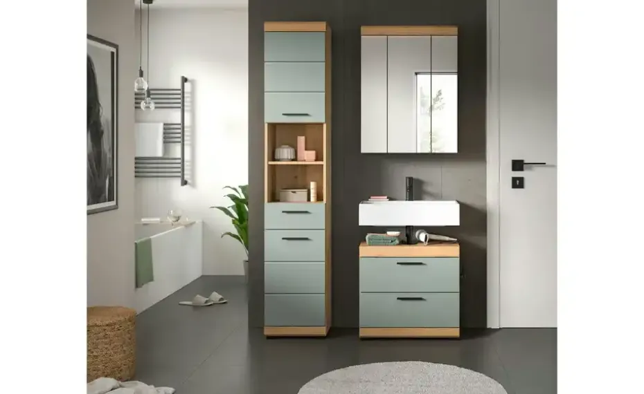 Badmöbel-Set SCHLOONSEE, 3 teilig, bestehend aus: Hochschrank, Waschbeckenunterschrank, Spiegelschrank, Hochschrank, Waschbeckenunterschrank, Spiegelschrank Schloonsee | Eiche Artisan (Nachbildung), Salbeigrün