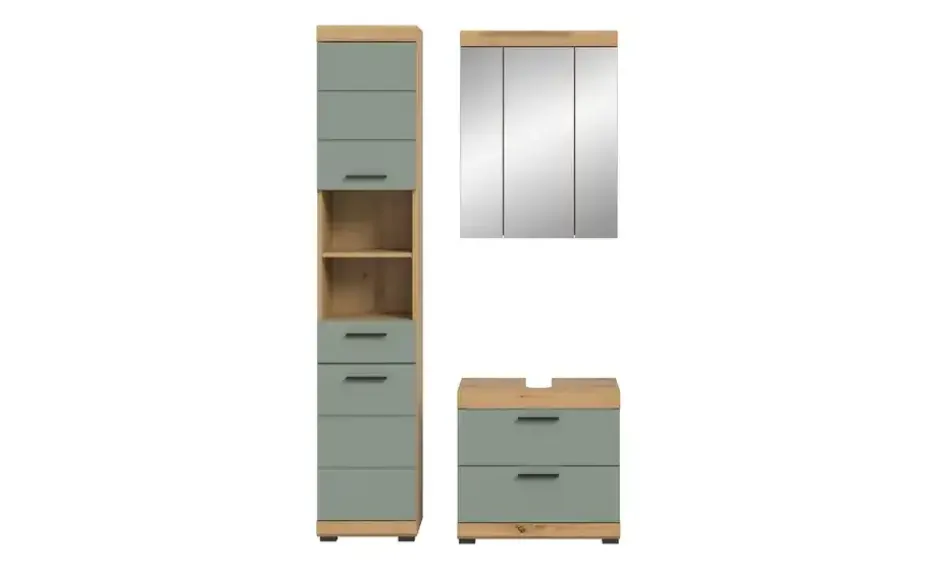 Badmöbel-Set SCHLOONSEE, 3 teilig, bestehend aus: Hochschrank, Waschbeckenunterschrank, Spiegelschrank, Hochschrank, Waschbeckenunterschrank, Spiegelschrank Schloonsee | Eiche Artisan (Nachbildung), Salbeigrün