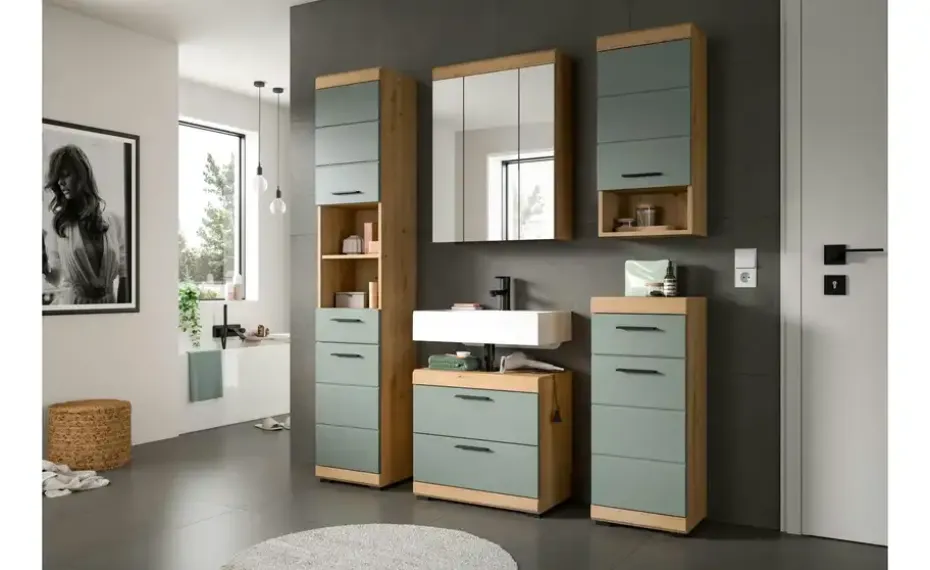 Badmöbel-Set SCHLOONSEE, 3 teilig, bestehend aus: Hochschrank, Waschbeckenunterschrank, Spiegelschrank, Hochschrank, Waschbeckenunterschrank, Spiegelschrank Schloonsee | Eiche Artisan (Nachbildung), Salbeigrün