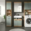 Badmöbel-Set SCHLOONSEE, 4 teilig, bestehend aus: Hochschrank, WBU, Spiegelschrank, Waschmaschinenumbauschrank Schloonsee | Eiche Artisan (Nachbildung), Salbeigrün