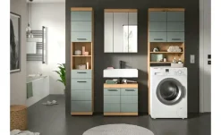 Badmöbel-Set SCHLOONSEE, 4 teilig, bestehend aus: Hochschrank, WBU, Spiegelschrank, Waschmaschinenumbauschrank Schloonsee | Eiche Artisan (Nachbildung), Salbeigrün
