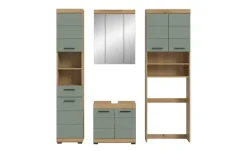Badmöbel-Set SCHLOONSEE, 4 teilig, bestehend aus: Hochschrank, WBU, Spiegelschrank, Waschmaschinenumbauschrank Schloonsee | Eiche Artisan (Nachbildung), Salbeigrün