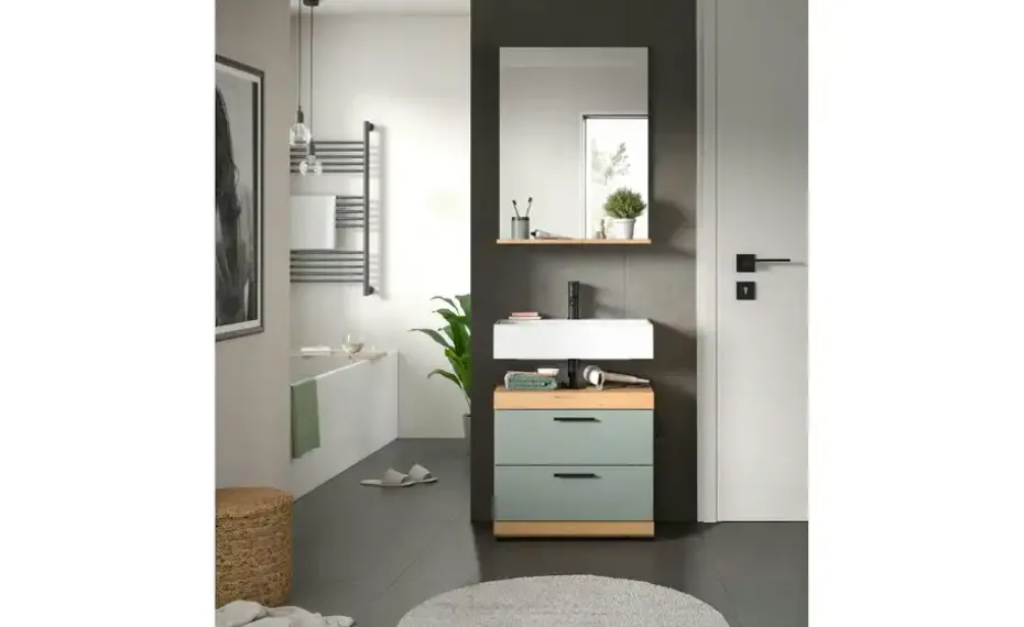 Badmöbel-Set SCHLOONSEE, 2 teilig, bestehend aus: Waschbeckenunterschrank, Spiegel, in verschiedenen Farben erhältlich, Badmöbel, Kombination, Badezimmer Schloonsee | Eiche Artisan (Nachbildung), Salbeigrün