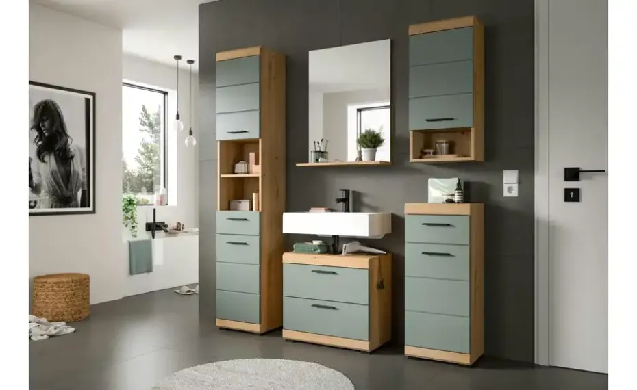 Badmöbel-Set SCHLOONSEE, 2 teilig, bestehend aus: Waschbeckenunterschrank, Spiegel, in verschiedenen Farben erhältlich, Badmöbel, Kombination, Badezimmer Schloonsee | Eiche Artisan (Nachbildung), Salbeigrün