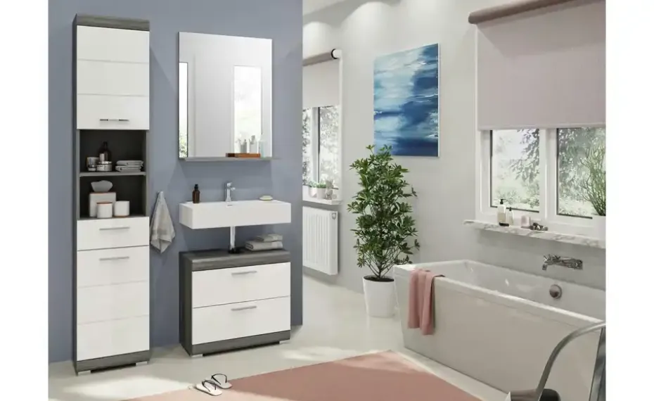 Badmöbel-Set SCHLOONSEE, 3 teilig, bestehend aus: Hochschrank, Waschbeckenunterschrank, Spiegel Schloonsee | Weiß, hochglanz