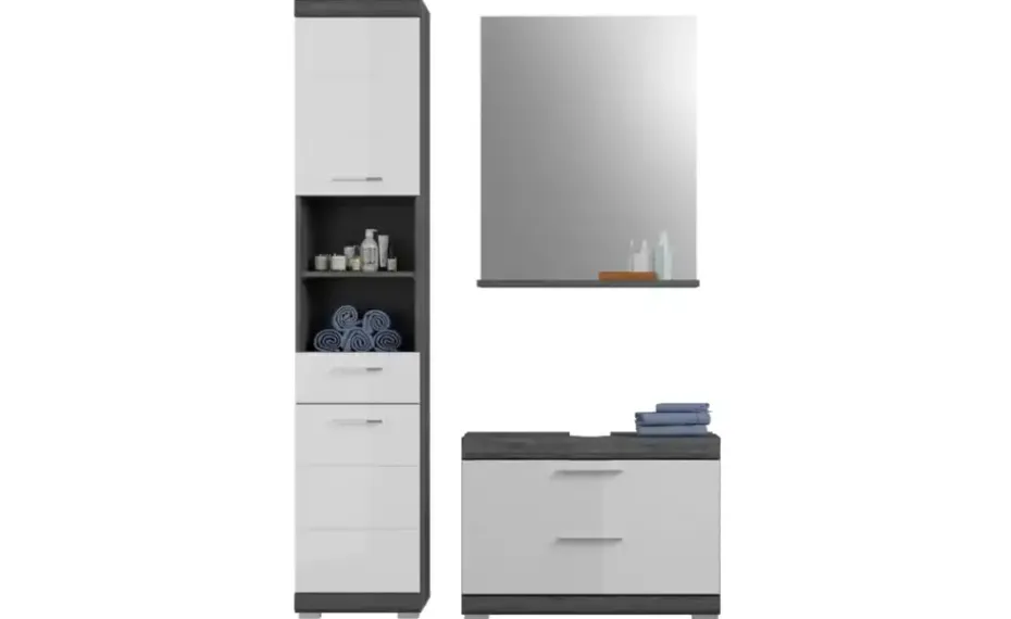 Badmöbel-Set SCHLOONSEE, 3 teilig, bestehend aus: Hochschrank, Waschbeckenunterschrank, Spiegel Schloonsee | Weiß, hochglanz