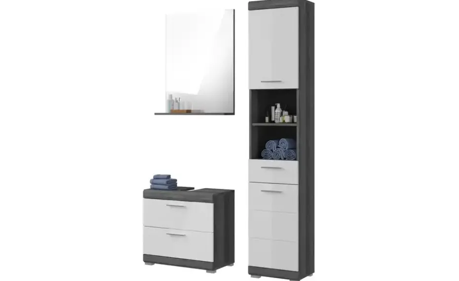 Badmöbel-Set SCHLOONSEE, 3 teilig, bestehend aus: Hochschrank, Waschbeckenunterschrank, Spiegel Schloonsee | Weiß, hochglanz