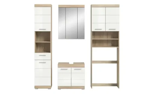 Badmöbel-Set SCHLOONSEE, 4 teilig, bestehend aus: Hochschrank, WBU, Spiegelschrank, Waschmaschinenumbauschrank Schloonsee | Eiche Sonoma (Nachbildung), Weiß, hochglanz