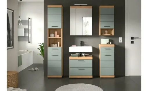 Badmöbel-Set SCHLOONSEE, 5 teilig, inklusive LED Beleuchtung, bestehend aus: Hochschrank, WBU, Spiegelschrank, Unterschrank, Hängeschrank Schloonsee | Eiche Artisan (Nachbildung), Salbeigrün