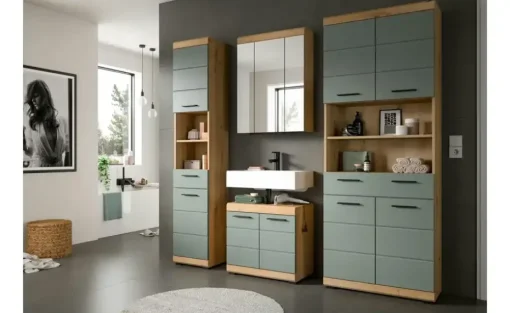 Badmöbel-Set SCHLOONSEE, 4 teilig, bestehend aus: Hochschrank schmal, WBU, Spiegelschrank, Hochschrank breit Schloonsee | Eiche Artisan (Nachbildung), Salbeigrün
