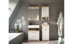 Badmöbel-Set SCHLOONSEE, 4 teilig, bestehend aus: Waschbeckenunterschrank, Spiegelschrank, Unterschrank, Hängeschrank Schloonsee | Eiche Sonoma (Nachbildung), Weiß, hochglanz