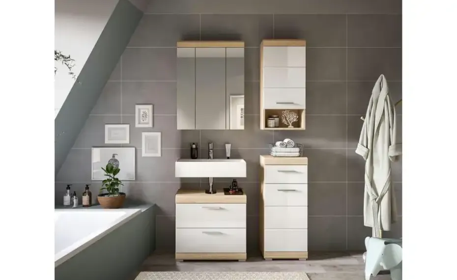 Badmöbel-Set SCHLOONSEE, 4 teilig, bestehend aus: Waschbeckenunterschrank, Spiegelschrank, Unterschrank, Hängeschrank Schloonsee | Eiche Sonoma (Nachbildung), Weiß, hochglanz