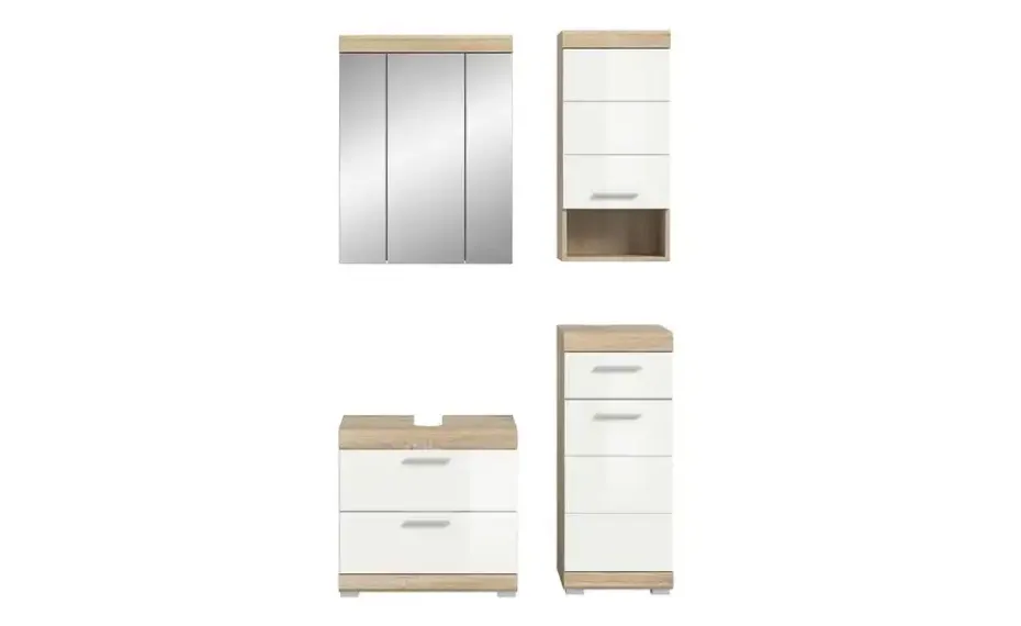Badmöbel-Set SCHLOONSEE, 4 teilig, bestehend aus: Waschbeckenunterschrank, Spiegelschrank, Unterschrank, Hängeschrank Schloonsee | Eiche Sonoma (Nachbildung), Weiß, hochglanz