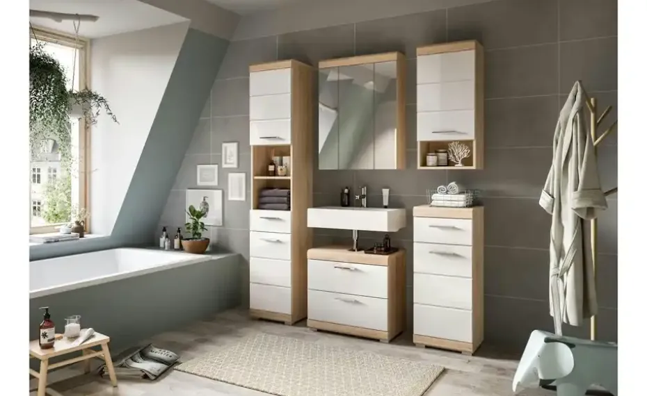 Badmöbel-Set SCHLOONSEE, 4 teilig, bestehend aus: Waschbeckenunterschrank, Spiegelschrank, Unterschrank, Hängeschrank Schloonsee | Eiche Sonoma (Nachbildung), Weiß, hochglanz