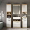 Badmöbel-Set SCHLOONSEE, 5 teilig, bestehend aus:  Hochschrank, WBU, Spiegelschrank, Unterschrank, Hängeschrank Schloonsee | Eiche Sonoma (Nachbildung), Weiß, hochglanz